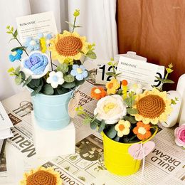 Decorative Flowers Handmade Knitted Flower Pot Artificial Bouquet Handwoven Mother's Day Gifts Wedding Party Decor Supplies