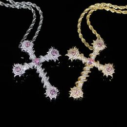 New styles hip hop necklace plated silver Colour paved 5A pink cz rose flower shape cross pendant with rope chain for women men lady punk styles hiphop Jewellery wholesale