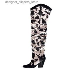 Boots Cowboy Pointed Toe Embroidery High Heel Knee High Women Boots Mixed Colour Slip On Patchwork Fashion Cowgirl Western Ladies Shoes Q240321