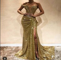 Sparkling Gold Sequin Mermaid Prom Dresses Sexy Side Split Floor Length Off shoulder Long Formal Evening Party Dresses9501050