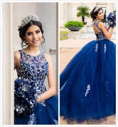 Luxurious Beaded Crystals Lace Quinceanera Prom dresses Crew Backless Royal Blue Tulle Ball Gown Evening Party Sweet 16 Dress9897910