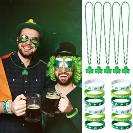 Party Decoration St. Patrick's Day Green Shamrock Beaded Necklace Rubber Wristband Set Irish Clover Carnival Favours Kids Adults Accessories