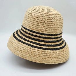 Wide Brim Hats Cloche Summer For Women Black Stripped Straw Hat Sun Dome Ladies Travel Party