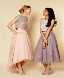 Arabic African Tutu Skirt Party Bridesmaid Dresses Sparkly Two Pieces Sequins Top Vintage Tea Length Short Prom Dress High Low2127086