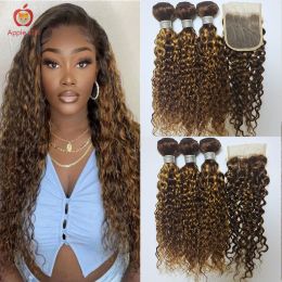 Wigs Transparent Lace Closure With Bundles Coloured Highlight Water Wave Bundles With Closure Brazilian Remy Human Hair Applegirl