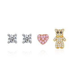 Stud Romantic And Cute Heart Little Bear Girl Earrings Women Fashion Luxury Brand 3A Zircon S925 Sier Female Care Earhole High Grade Dh6Nu