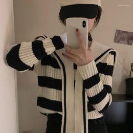 Women's Knits Knitted Sweater Women Autumn And Winter Striped Navy Neck Korean Loose Fitting College Contrast Colour Cardigan Female