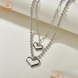 Pendant Necklaces Akizoom Fashion Double Heart Necklace Stainless Steel Link Chain Choker For Women Valentines Day Jewelry Party Gift Otsmm