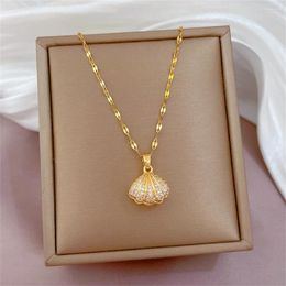 Pendant Necklaces Fashion Luxury Shell Pearl Necklace Stainless Steel Jewelry Crystal For Women Wedding Valentines Day Gift