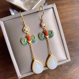 Dangle Earrings Antique Eardrops Super Fairy Court Style Long Fringe Women's Sterling Silver Retro Ethnic Hetian Jade Blue