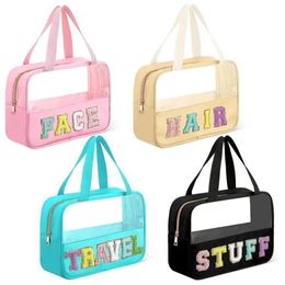 Shopping Bag Pink Cute Girls Travel Chenille Letter Clear PVC Transparent Beach Patches Stuff Tote Bag with Handles for Swim 231127