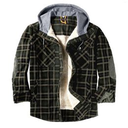 Men's Casual Shirts US Size S-XXXL Winter Warm Thick Shirt Jacket Male Hooded Plus Velvet Plaid Pure Cotton Single Breasted Coat