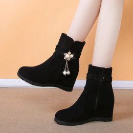 Boots New Winter Fashion Women Wedges Ankle Boots Increasing Height Shoes Flowers High Heels Booties Metal Rhinestone Zapatos Mujer