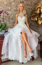 Cute High Low Halter Wedding Dresses Gown For Women Organza Beaded Crystal Top A line Short Front Corset Bridal Gowns Long Lace9683638