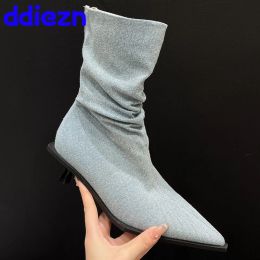 Boots Modern Fashion Pointed Toe Ladies Ankle Boots Designer Pleated Denim Women Western Short Boots Female Zippers Shoes Low Heel