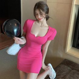 Party Dresses Women Summer Mini Dress Sexy Girls T ShirtSlim Hip Slim Short Rose Red V-neck Korean Tops