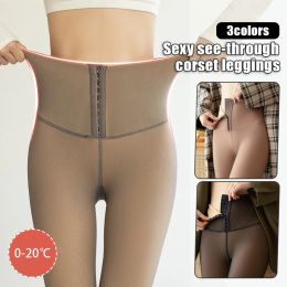 Leggings Winter Warm Fleece Pantyhose Translucent Sheer Look High Waist Tummy Control Buckle Stocking High Elasticity Slim Leg Wammer