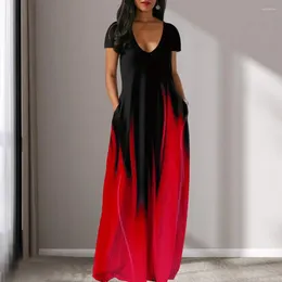 Casual Dresses Loose Fit Dress Women Gradient Colour V Neck Maxi With Pockets For Soft Breathable Summer Wear Floor Length