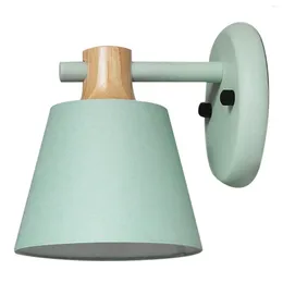 Wall Lamp Modern Macaron Colour Fabric Shade Oak Wood Iron Arm Sconce Bedside Kitchen El Restaurant -Blue
