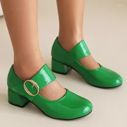 Dress Shoes Straps Women's Heels Pumps Elegant Green Black Mary Janes Low Patent Wedding Party Office Ladies Large Size