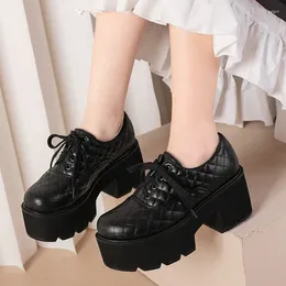 Dress Shoes Winter Autumn Girl Quilting Pattern Sweet Lolita Derby Square Chunky Heels Round Closed Toe Lace-up Oxfords Platform Pumps