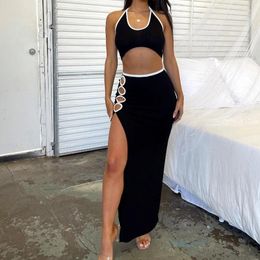 Work Dresses 2024 Sexy Contrast Color Sleeveless Halter Mini Vests High Waist Cutout Slit Skirt Fashion Women Summer Slim Club Street