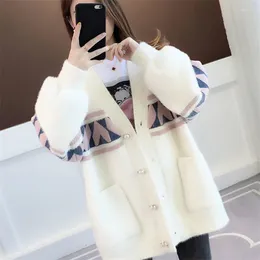 Women's Knits Korean Faux Mink Cashmere Cardigan Sweater Women Jumpers Ladies Loose 4 Color Mid-length Patchwork Big Pocket Knit Tops Female