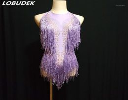 Purple Red Tassels Bodysuit Sparkly s Sexy Backless Bodysuits Bar Women Singer DJ Costume Models Catwalk Stage Outfit Women's Jumpsuits8090449