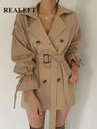 REALEFT Autumn Winter Khaki Minimalist Womens Trench Coat Sashes Windbreaker Loose Flare Sleeve Double Breasted 240309