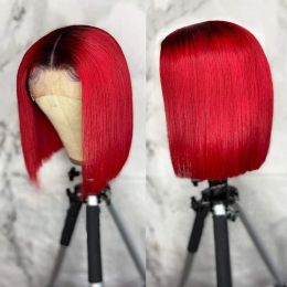 Wigs Ombre Red Burgundy Short Bob Wig With Bangs Middle Part Lace Bob Wig Human Hair Wigs For Black Women Brazilian Hair Wigs