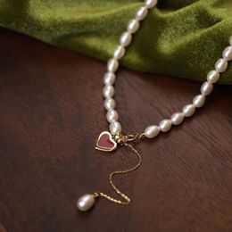 Pendant Necklaces ALLME Romantic Red Color Enamel White Shell Love Heart For Women Irregular Freshwater Pearl Beaded Choker