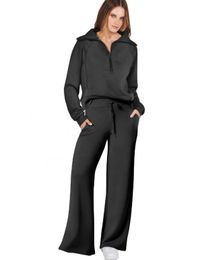 Women Two Piece Outfit Cotton Sweat Suit Set Quarter Zip Oversized Sweatshirt Wide Leg Sweat Pant Fall Lounge Tracksuit