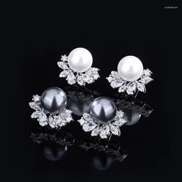 Stud Earrings EYIKA Korean Fashion Marquise Zircon Flower 10mm White Black Pearl Earring For Women Bridal Wedding Party Jewelry