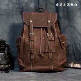Men's Backpack Crazy Horse Leather Vintage Style Casual Travel Backpack Genuine Leathe inches Laptop Cow Leather rucksack