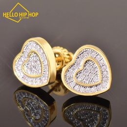 Hello hip-hop 10MM Heart Shape Stud Earring Bling Cubic Zirconia Screw Back Men Women Earrings Hip Hop Jewellery Love Gift