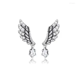 Stud Earrings Authentic 925 Sterling Silver Dangling Angel Wing For Women Clear CZ Earing Original Jewellery Ear Rings Brincos