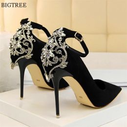 Pumps Luxury Back Heel Crystal Women Pumps Brand High Heels Ankle Strap Shoes Woman Diamond Pointed Ladies Bridal Wedding Shoe Banquet