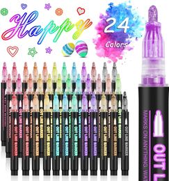 24 Colour Double Line Outline Art Pen Marker DIY Graffiti Highlighter Scrapbook Diary Poster Card 240320