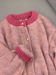 Women's Knits Korean Lazy Style Loose Sweater Coat Women Gold Buttons Long Sleeve Spliced Color Knit Cardigan Sweet Pink Knitwear Top