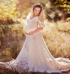 Chic Lace Maternity Dresses For Po Shoot With Short Sleeves Split Front Pregnant Gown Court Train Custom Made Maxi Dress1680859