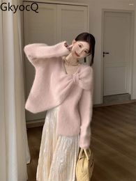 Work Dresses GkyocQ Korean Fashion Two Piece Sets Elegant Irregular Bow O Neck Knitted Pink Sweater High Waist A Line Pleated Long Skirt