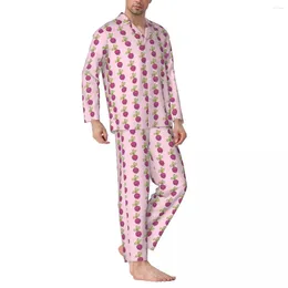Men's Sleepwear Kawaii Radishes Autumn Vegetable Vintage Oversize Pyjama Sets Man Long Sleeve Warm Bedroom Custom Nightwear