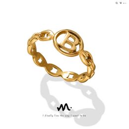 Instagram Hip Hop Letter B Cross Chain Ring with Antique Light Luxury Style Titanium Steel Plated 18k True Gold Ring