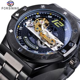 Forsining Classic Bridge Mechanical Watch Men Black Automatic Transparent Gear Full Steel Band Racing Male Sport Watches Relogio188m