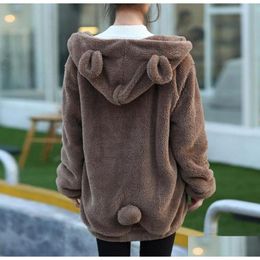 Womens Hoodies Sweatshirts Women Zipper Girl Autumn Loose Kawaii Fluffy Bear Ear Hoodie Hooded Jacket Warm Outerwear Coat Cute Drop De Otq4K