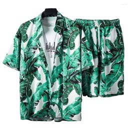 Men's Tracksuits Tropical Print Shirt Shorts Set Leaves Hawaiian With Elastic Drawstring Waist Summer