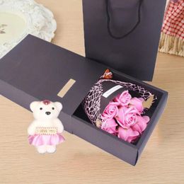 Decorative Flowers Packing Box 7 Rose Soap Bouquet Ribbon Bow Artificial Gift With Bear Doll Simulated Bundle