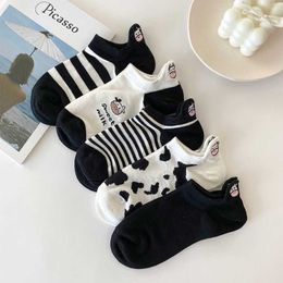 Socks Womens Ear Lifting Cow Seasonal Cotton Socks Korean Cartoon Boat Socks Sweat-absorbing and Odour proof