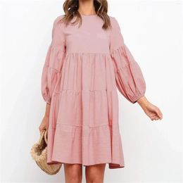 Casual Dresses Cotton Loose Large Swing Dress Women Lantern Long Sleeve Fashionable Solid O Neck Tiered Ruffle Layer Knee Length