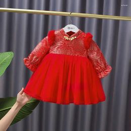 Ethnic Clothing Chinese Style Year Sweet Lace Emobridery Princess Dresses Girls Baby Red Tang Suit Birthday Party Thick Cotton